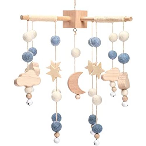 Boho Baby Crib Mobile Decor - Wooden Moon and Stars Nursery Mobiles with Cloud for Bassinet Starry Night Handmade Soft Felt Beads Hanging Wind Chime Toys Pendant for Infant Newborn Boy and Girl