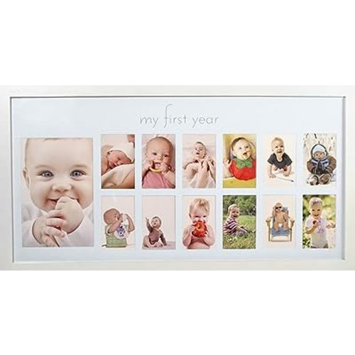 Baby's First Year Frame in Elegant White Natural Wood - My First Year Baby Picture Frame for Photo Memories (White)