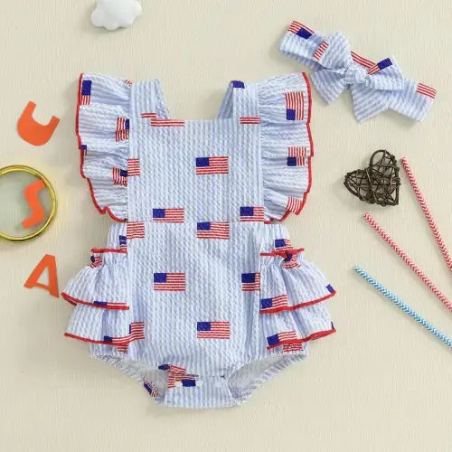 USA FLAG Ruffle Muslin Romper - Hazel & Bo