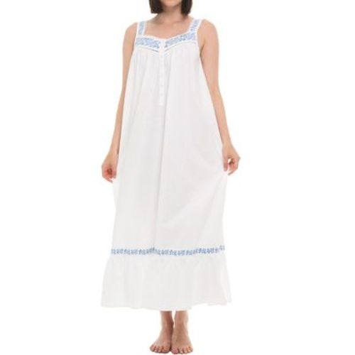 ADR 100 % Cotton Nightgowns for Women, Embroidered Sleeveless Long Womens Cotton Nightgown Gown White Medium