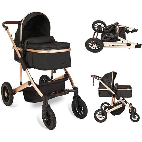 Trenana 2 in1 Baby Stroller,High Landscape Infant Stroller,Reversible Bassinet Stroller,Adjustable Backrest & Canopy,Foldable Aluminum Alloy Anti-Shock Stroller for Newborn (Gold-Black)