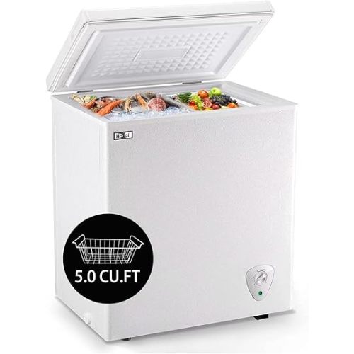 Chest Freezer 5.0 Cu.Ft Small Deep Freezer White Top Door Mini Freezer with Removable Basket, Low Noise, 7 Adjustable Temperature and Energy Saving Perfect for Home Garage Basement Dorm or Apartment