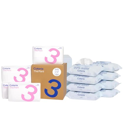Coterie The Pant Pull On Diaper, Size 3 (14-24 lbs) 144 Count, Absorbent Baby Pull On Diaper + Coterie Baby Wipes, 8 Pack, 448 Count, Unscented Wipes, 99% Purified Water, Plastic-Free & Plant Derived