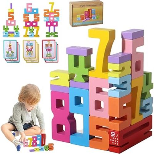 Montessori Math Blocks for Kids Ages 3-8 | 20PCS Wooden STEM Learning Toys with Balance Game | Self-Checking Number Puzzles & Counting Cubes | Toddler Educational Building Set