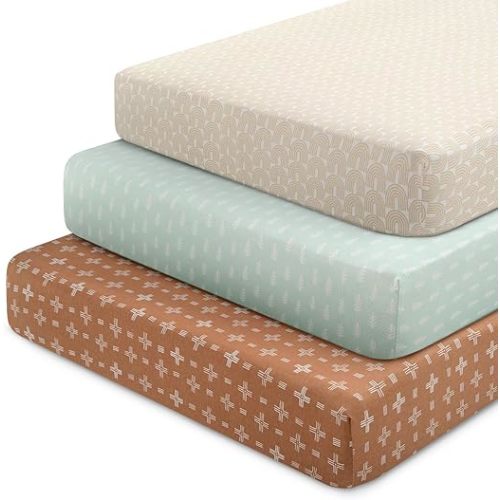 Fitted Crib Sheets - 100% Organic Cotton Crib Sheet for Standard Crib and Toddler Mattresses - 28x52 Inch - GOTS Certified (Pack of 3), Neutral Boho