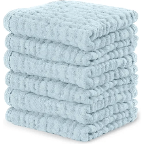 Comfy Cubs Muslin Baby Washcloths 6 Pack - Soft 6-Layer Cotton Wash Cloths for Sensitive Skin - 10"x10" Large, Gentle, Absorbent Infant Essentials for Newborn and Toddlers - Sky Blue