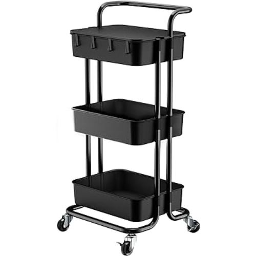 Pipishell 3 Tier Rolling Cart with Table Top, Utility Cart with Wheels & 4 Hooks, Rolling Storage Cart for Home Storage and Organization, Black, PIUC09B
