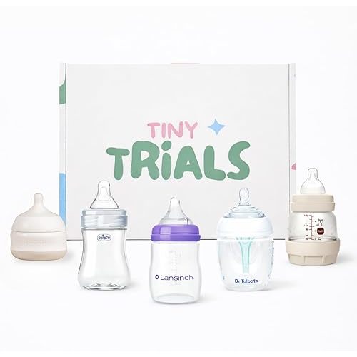 Baby Bottle Trial Pack Variety Box for Newborns & Infants – 5 Bottles Featuring Chicco, Dr. Talbot’s, MAM, Lansinoh & Babaloo – Anti-Colic, Breastfeeding-Friendly Baby Registry Gift, Tiny Trials