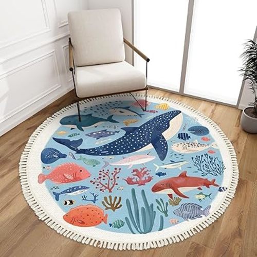Round Rugs Cartoon Ocean Underwater Animals Seahorse Whale Fish Ocean sea Animals Boho Area Rug Linen and Cotton Carpet Meditation Rug Washable Hallway Runner Mat Accent Rug for Bedroom Nursery 4ft