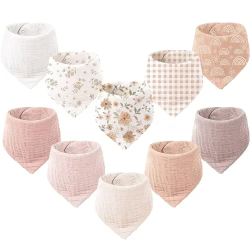 Konssy Muslin Baby Bibs 10 Pack Baby Bandana Drool Bibs 100% Cotton for Unisex Boys and Girls, Soft Absorbent Set for Teething and Drooling