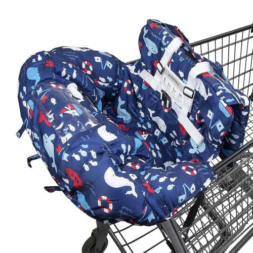 Shopping Cart Cover for Baby- 2-in-1 - Foldable Portable Seat with Bag for Infant to Toddler - Compatible with Grocery Cart Seat and High Chair (Blue Whale)