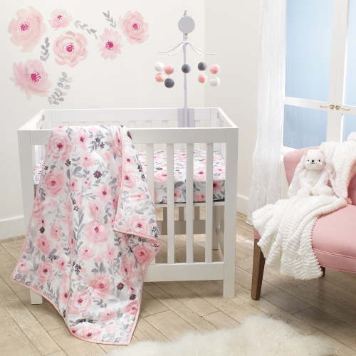 Bedtime Originals Blossom Pink Watercolor Floral Baby Girl 3-Piece Mini Crib Bedding Set for Infants