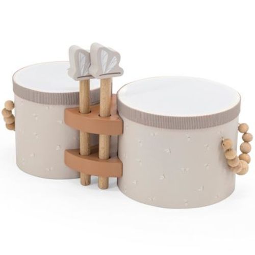 Label Label: Wooden Bongos - Tan, 2 Dragonfly Drum Sticks, Carry Handles-Ages 2+