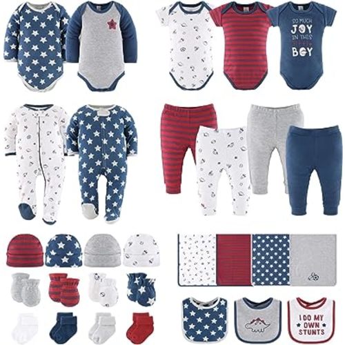 The Peanutshell Newborn Clothes & EssentIals Set, 30 Piece Baby Boy Layette Gift Set, 0-3 Month Outfits, Blue Stars