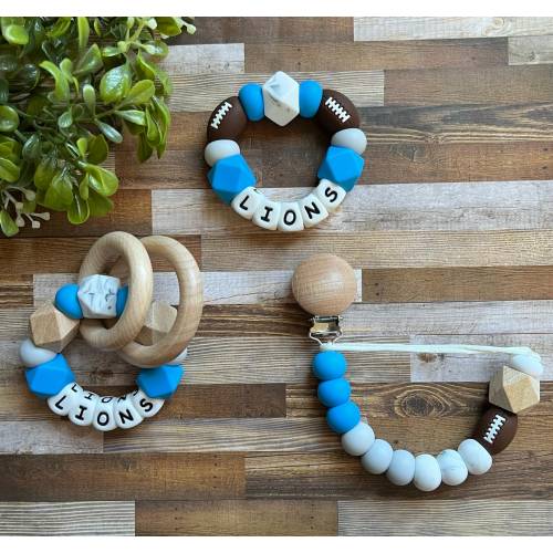 Detroit Lions Toy Collection - Pacifier Clip - Loop Rattle - Go Lions - Baby Lions Toy Rattle - Blue - White - Gray - Football Baby Gift