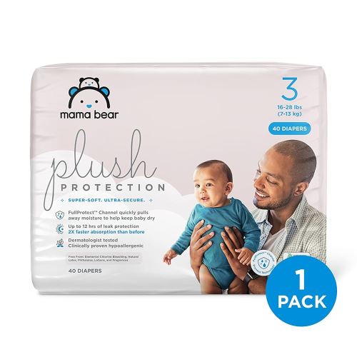 Amazon Brand - Mama Bear Plush Protection Diapers - Size 3, 40 Count, Hypoallergenic Premium Disposable Baby Diapers, White and Cloud Dreams