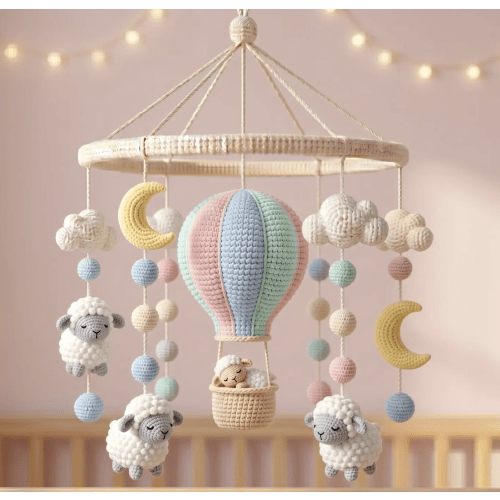 Handmade Crochet Hot Air Balloon Mobile, Sheep Nursery Decor, Moon Cloud Crib Mobile, Personalized Gift, Pastel Amigurumi Hanging