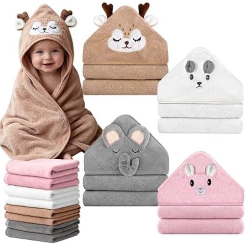 12 Pcs Baby Bath Towels Set, 4 Pcs 31"x31" Hooded Bath Towels, 8 Pcs 10"x10" Baby Washcloths for Newborns, Toddlers and Kids, Soft Baby Towel Set for Boys and Girls.