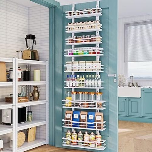 Over The Door Pantry Organizer,9-Tier Over The Door Organizer with Adjustable Basket,Metal Hanging Pantry Organizers and Storage for Kitchen, Back of Door Seasoning Rack