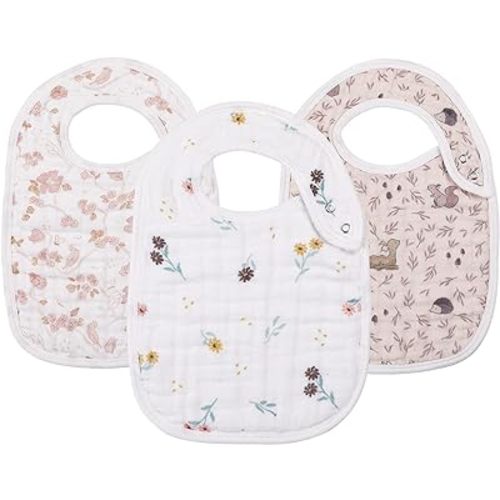 Snap Muslin Bibs for Girls, 3-Pack Baby Bibs for Infants, Newborns and Toddlers, 100% Cotton Muslin Absorbent & Soft Layers, Adjustable Snaps,"Spring"
