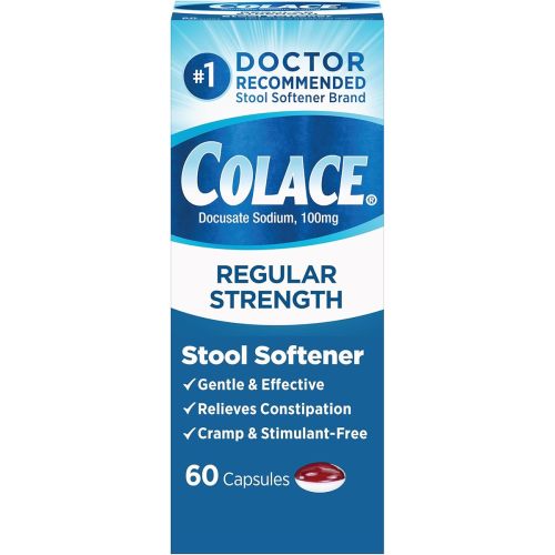 Colace Stool Softener 100 mg, 60 Capsules, Constipation Relief, Docusate Sodium, Gentle Docusate, Stimulant-Free, Regular Strength, #1 Doctor Recommended Stool Softener Brand