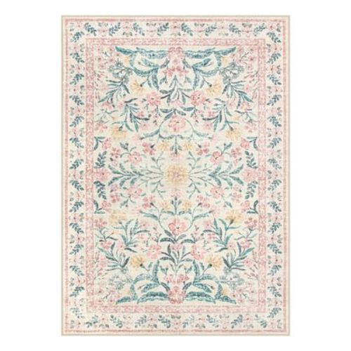 Itopfox Machine Washable Nursery Rug, Pink Floral Carpet Non Slip, Soft Boho Indoor Floor Rug for Girls Bedroom, Living Room, Dorm
