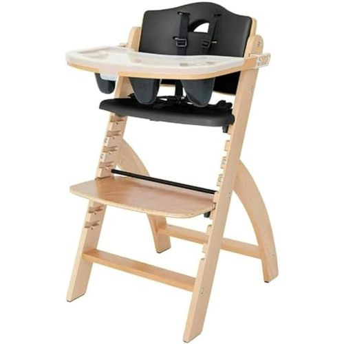 Abiie Beyond Junior Wooden High Chair with Tray - Adjustable and Convertible High Chair for Babies and Toddlers - 6 Months to 250 Lb - Water Resistant - Natural Wood/Black Cushion
