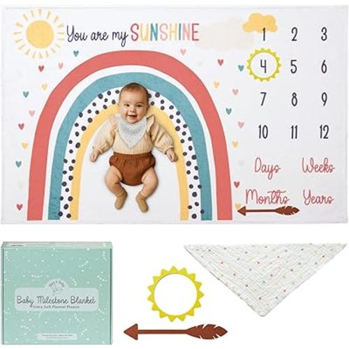 Bliss n' Baby Monthly Milestone Blanket for Baby Girl - 60"x40" - Wrinkle Free Newborn Age Month Blanket with Growth Chart - Washable & Dryable - w/Frames & Cotton Bib - Boho Theme