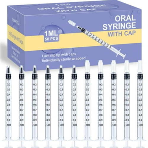 50 Pcs 1ml Syringes with Caps Oral Dispenser Individually Sterile Warpped for Medicine Dropper, Colostrum Collect Feeding Pets, Liquid S301