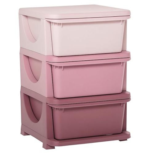 Qaba 3 Tier Kids Storage Unit, 3 Drawer Chest Toy Organizer Plastic Bins for Kids Bedroom Nursery Kindergarten Living Room for Boys Girls Toddlers, Pink
