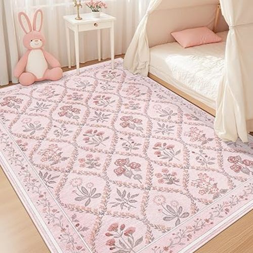 Washable Rug 6x9, Boho Pink Rugs for Bedroom Girls, Cute Pastel Floral Rug for Living Room, Non Slip Low-Pile Nursery Carpet for Kids Room Playroom Dorm, Pink Multi