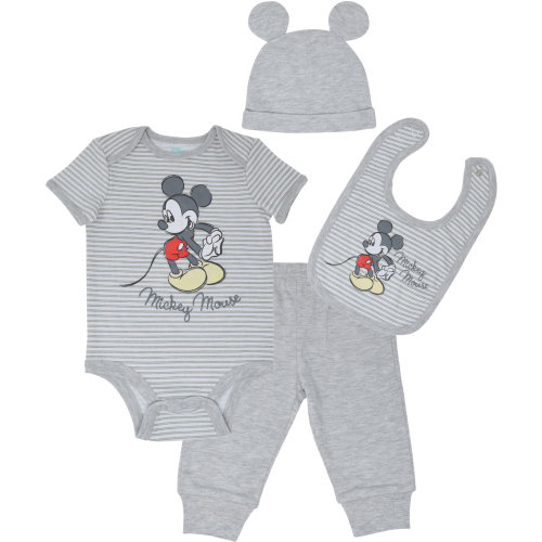 Disney Mickey Mouse Newborn Baby Boys 4 Piece Outfit Set: Bodysuit Pants Bib Hat White/Gray 6-9 Months