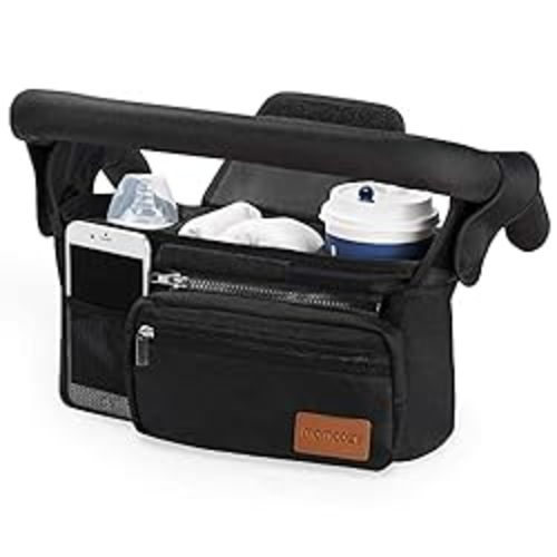 Momcozy Universal Stroller Organizer with Insulated Cup Holder Detachable Phone Bag & Shoulder Strap, Fits for Stroller like Uppababy, Baby Jogger, Britax, BOB, Umbrella and Pet Stroller - Black