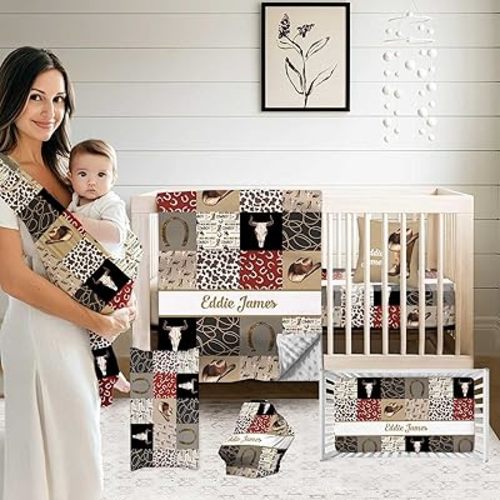 Custom Baby Crib Bedding Sets, 2 Piece Personalized Name Western Cowboy Baby Bedding Set, Minky Dot Blanket & Fitted Sheet, Soft Infant Newborn Nursery Bedding Gift for Boys