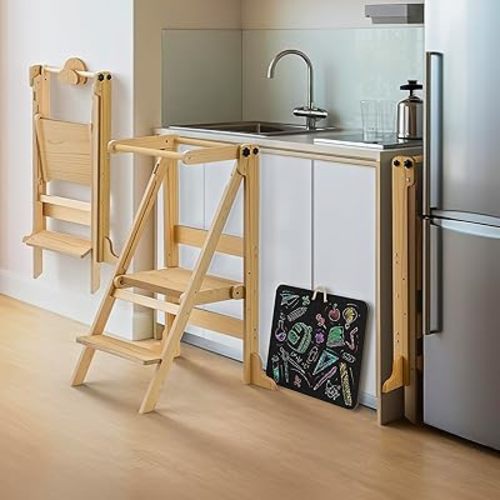 Toddler Tower Foldable Lightweight, Kitchen Step Stool with Hook, Helper Standing Tower with Adjustable Height & Chalkboard, Montessori Kitchen Tower for Toddlers Learning, Space Saving Kids Stool