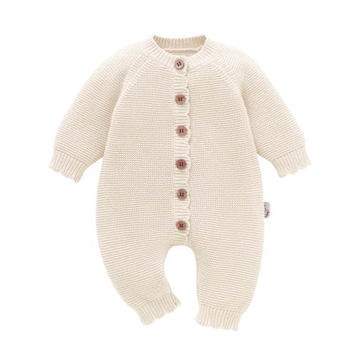 YIXPOH Baby Long Sleeve Knit Romper Neutral One-Piece Jumpsuit With Button Closure Soft Cotton Knit Outfit Beige 0-1 Months