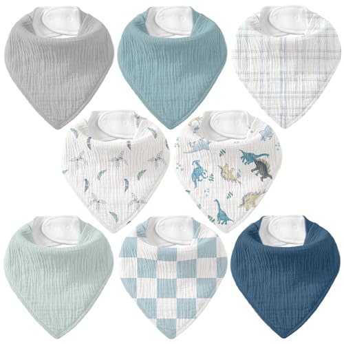CIVARUA KIDS 8 Pack Muslin Baby Bandana Bibs for Drooling and Teething | Absorbent Cotton Drool Bib for Baby Boy Girl, Easy Adjustable Bibs for Newborn Infants Toddlers, 0-36 Months, Blue Dinosaur