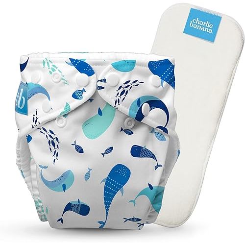Charlie Banana Cloth Diapers, Reusable, Washable, Adjustable One Size Diaper, for Babies and Toddlers, with Absorbent Insert - The Whale on White, 1 Pack