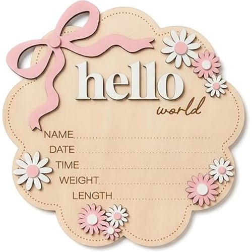 Baby Announcement Sign, 6.2 in Wooden Hello World Newborn Sign with 3D Pink Bow and Daisies, Birth Announcement Sign for Hospital, Welcome Baby Girl Name Plate and Nursery Decor (Flower)