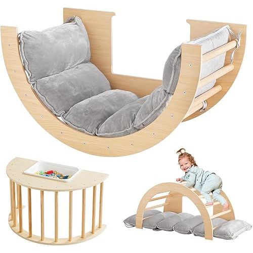 Beright 3 in 1 Climbing Arch Sensory Table with Cushion for Kids, Montessori Wooden Climbing Toys, Kids Sensory Table with a Storage Bin, Rocker Board, Indoor Gym Learning Playset