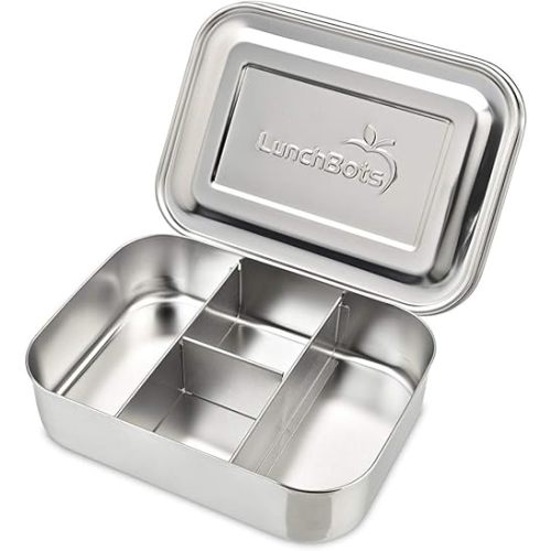 LunchBots Small Protein Packer Bento Box - Extra Small Divided Stainless Steel Snack Container - 4 Sections for 1-2oz of Nuts, Meat, Cheese, Finger Foods - Dishwasher Safe - Stainless Lid