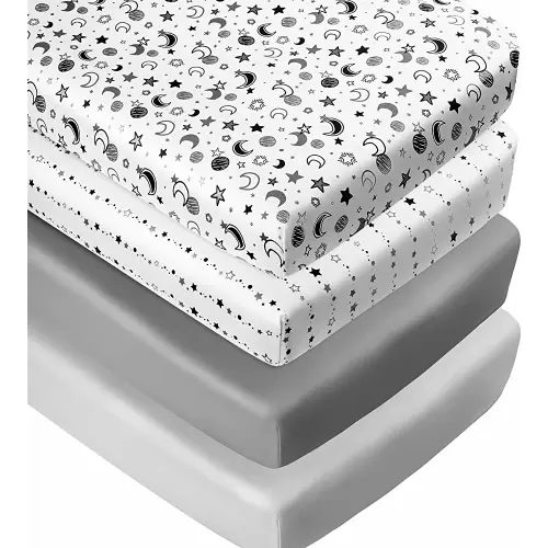 4 Pack Star and Moon Neutral Unisex Fitted Baby Crib Sheets Set for Baby Boys or Girls (White)