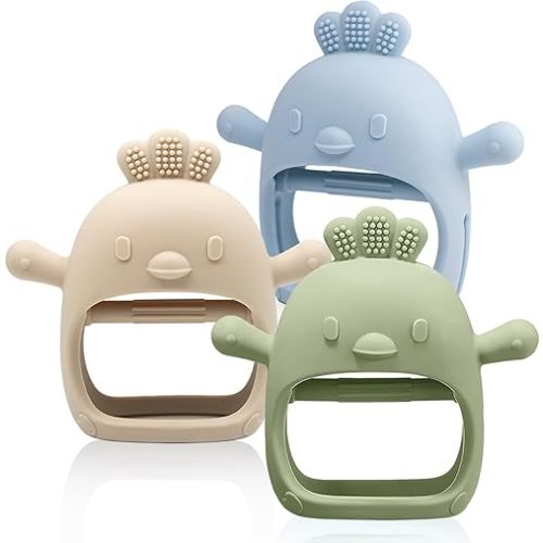 3 Packs Baby Teething Toy Silicone Teething Mitten for Babies Over 3 Months Anti Dropping Wrist Hand Teethers Baby Chew Toys for Sucking Needs, BPA Free (Olive, Caramel & Blue)