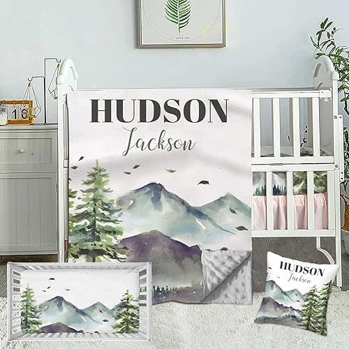 Custom Baby Crib Beddings Set for Boys Girls, Personalized 3 Piece Pine and Mountain Baby Sets, Dotted Backing Blanket, Fitted Sheet, Nursery Bedding Set for Newborn Toddler Infant