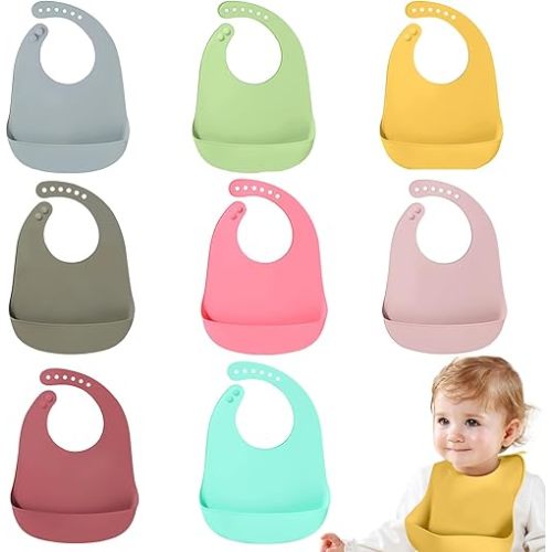 [8-Pack Multicolor] Silicone Baby Bibs - BPA Free Food-Grade, Waterproof & Adjustable Neck, Dishwasher Safe Feeding Bibs for Infants, Toddlers
