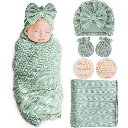 Newborn Receiving Blanket Wheat-Pattern Baby Girl Swaddles Wraps with Bow Hat Mittens Wooden Card for Newborns Toddler Gift Baby Essentials