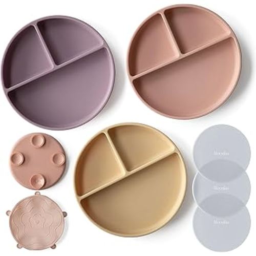 Moonkie Suction Plates for Baby | 100% Silicone BPA-Free Baby Plates with Lids and Food Cover | Divided Design | Microwave and Dishwasher Safe | Toddler Plates 3 Pack