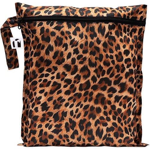 Bumkins Roamio Waterproof Wet Bag for Baby, Travel, Swim Suit, Cloth Diapers, Pump Parts, Pool, Beach, Gym Clothes, Toiletry, Hook to Stroller, Daycare, Zip Reusable Wetdry Pack Pouch, Leopard Print
