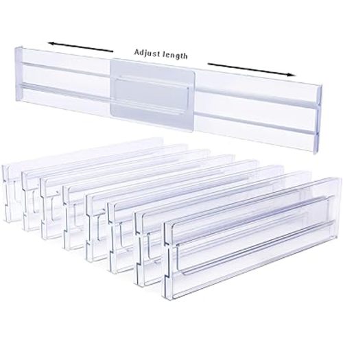 MOTSTATY Drawer Divider 8 Pack-3.2" High, 12.2-21.4" Length Adjustable Acrylic Drawer Organizer for Clothes, Expandable Dresser Separators in Bedroom/Kitchen/Office Organization and Storage
