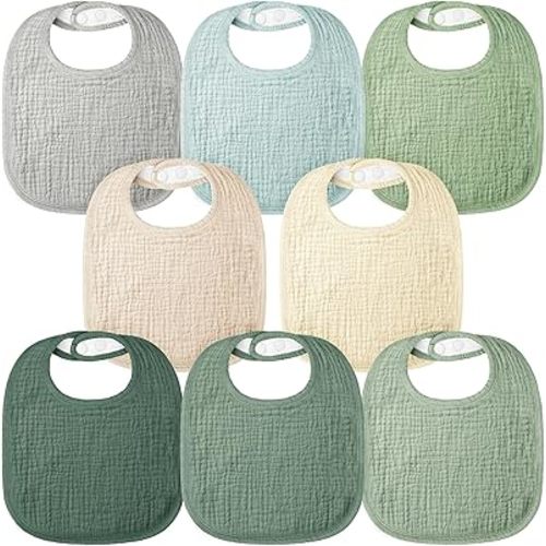 Bearmoss Muslin Baby Drooling Bibs 8 Pack, 100% Cotton Square Adjustable Bandana Bibs Gift for Baby Girls Boys Teething Drool